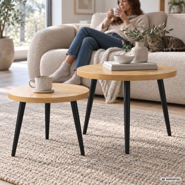 AKORD Furniture Factory TWINO Dohányzóasztal Szett MDF Természetes Fa Fekete Lábakkal