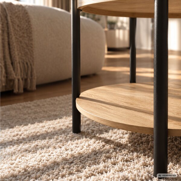 AKORD Furniture Factory RIVA Loft Dohányzóasztal MDF Természetes Fa Fekete Lábakkal Polccal
