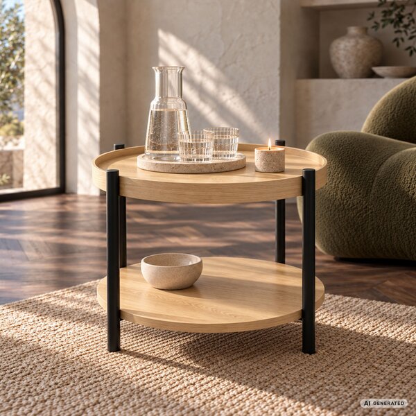 AKORD Furniture Factory RIVA Loft Dohányzóasztal MDF Természetes Fa Fekete Lábakkal Polccal