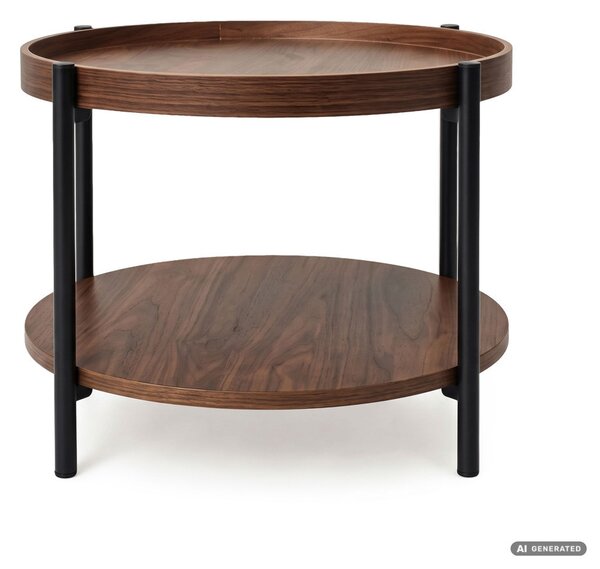 AKORD Furniture Factory RIVA Kerek Dohányzóasztal MDF Dió Fekete Lábakkal és Polccal