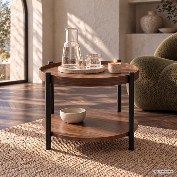 AKORD Furniture Factory RIVA Kerek Dohányzóasztal MDF Dió Fekete Lábakkal és Polccal