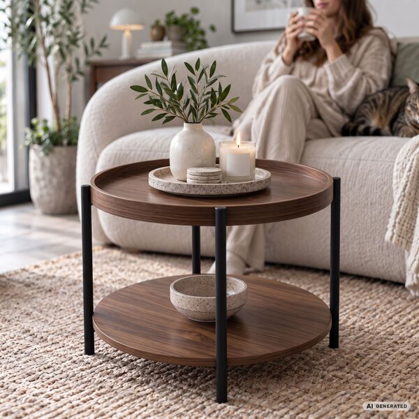 AKORD Furniture Factory RIVA Kerek Dohányzóasztal MDF Dió Fekete Lábakkal és Polccal