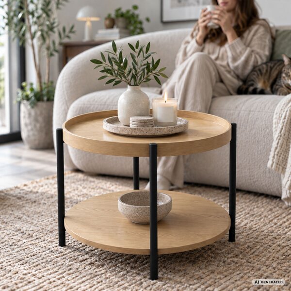 AKORD Furniture Factory RIVA Loft Dohányzóasztal MDF Természetes Fa Fekete Lábakkal Polccal