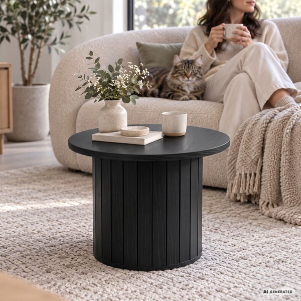 AKORD Furniture Factory NUBO Kerek Dohányzóasztal MDF Fekete Rovátkolt