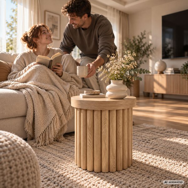 AKORD Furniture Factory TINO Kerek Dohányzóasztal MDF Természetes Fa Rovátkolt Alappal