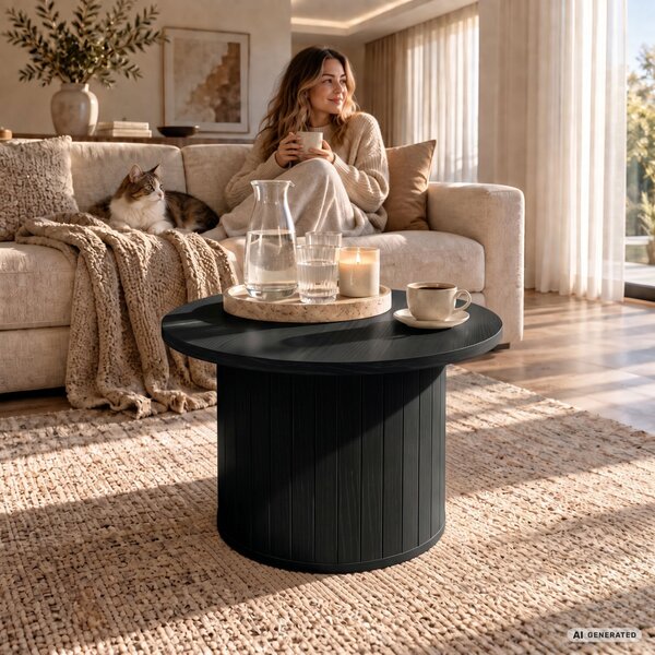 AKORD Furniture Factory NUBO Kerek Dohányzóasztal MDF Fekete Rovátkolt Alappal