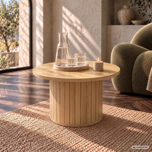 AKORD Furniture Factory NUBO Kerek Dohányzóasztal MDF Natúr Fa Rovátkolt Alappal