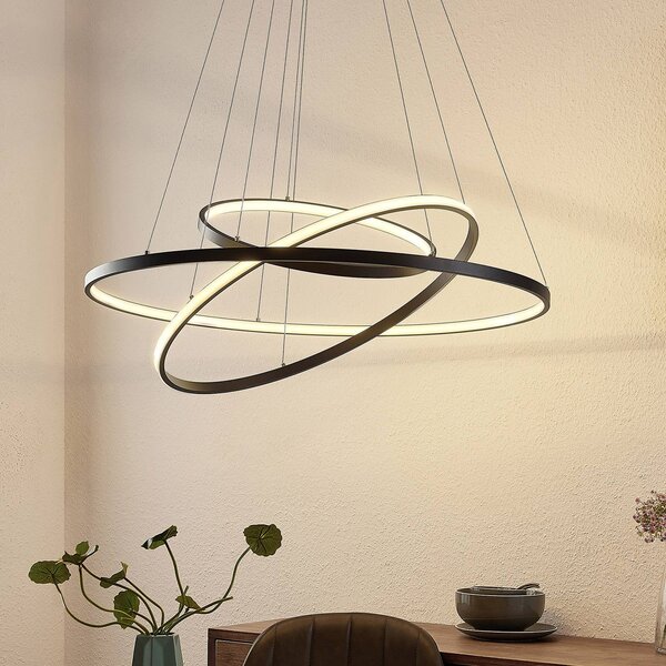 Lucande LED függő világítás Ezana, fekete, fém, Ø 80 cm, dimmelhető, Fekete, Nappali / Étkező, fém, Modern