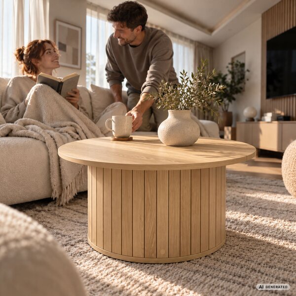 AKORD Furniture Factory NUBO Kerek Dohányzóasztal MDF Természetes Fa Rejtett Tárolóval