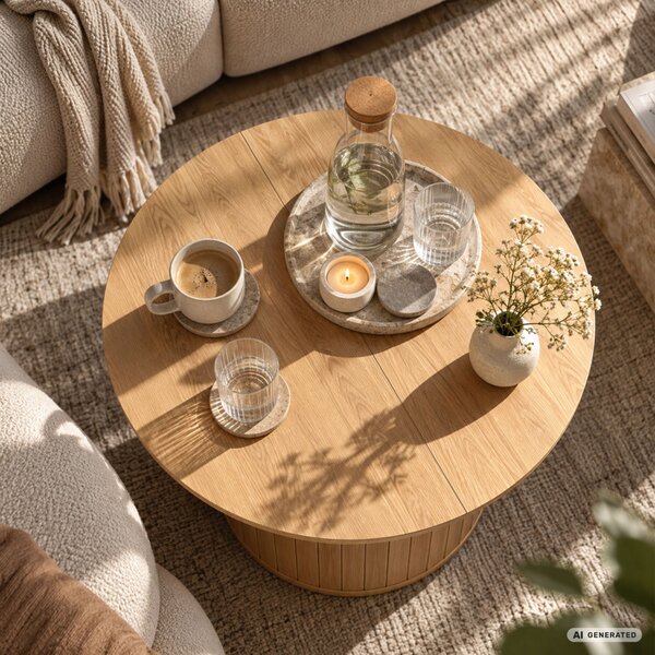 AKORD Furniture Factory NUBO Kerek Dohányzóasztal MDF Természetes Fa Rejtett Tárolóval