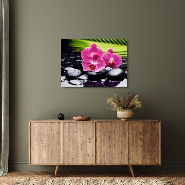 Üveg kép - Rózsaszín orchidea pálmalevéllel (70x50 cm)