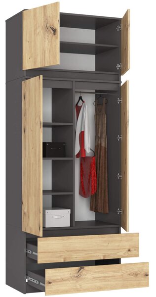 AKORD CLP S90 Szekrény Nadstavkával Laminált Lap Grafit Szürke / Artisan Tölgy 2 Ajtós 2 Fiókos