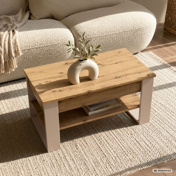 AKORD Furniture Factory Denver Dohányzóasztal Emelhető Lappal Artisan Tölgy-Kasmír 92 cm Polccal