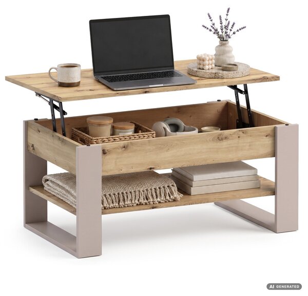 AKORD Furniture Factory Denver Dohányzóasztal Emelhető Lappal Artisan Tölgy-Kasmír 92 cm Polccal