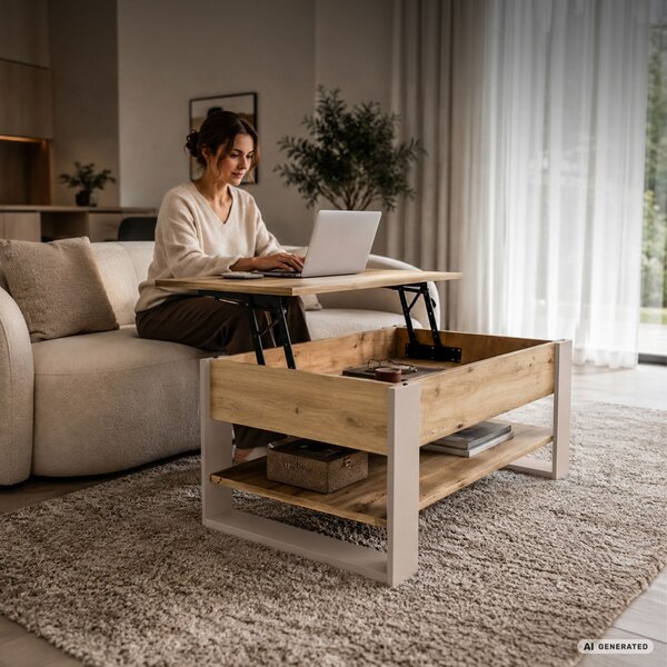 AKORD Furniture Factory Denver Dohányzóasztal Emelhető Lappal Artisan Tölgy-Kasmír 92 cm Polccal