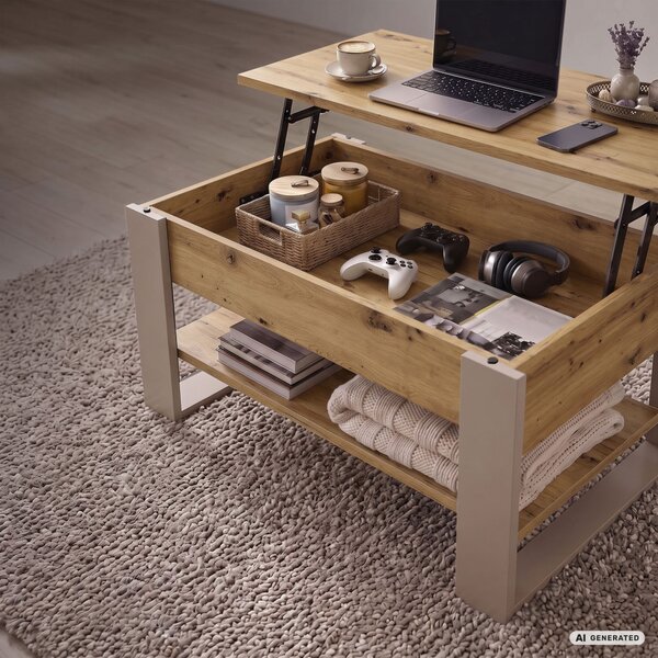 AKORD Furniture Factory Denver Dohányzóasztal Emelhető Lappal Artisan Tölgy-Kasmír 92 cm Polccal