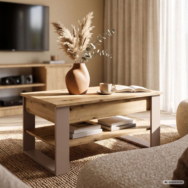 AKORD Furniture Factory Denver Dohányzóasztal Emelhető Lappal Artisan Tölgy-Kasmír 92 cm Polccal
