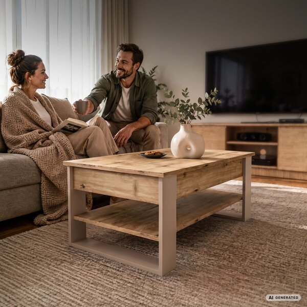 AKORD Furniture Factory Denver Dohányzóasztal Emelhető Lappal Artisan Tölgy-Kasmír 92 cm Polccal