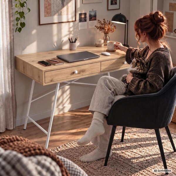 AKORD Furniture Factory Skandia Számítógépasztal Artisan Tölgy Fehér Lábakkal Ipari Stílus 2 Fiókkal