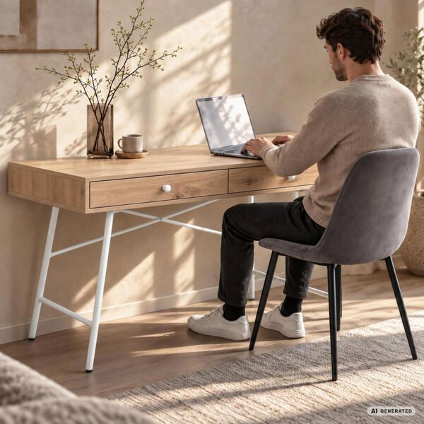AKORD Furniture Factory Skandia Számítógépasztal Artisan Tölgy Fehér Lábakkal Ipari Stílus 2 Fiókkal