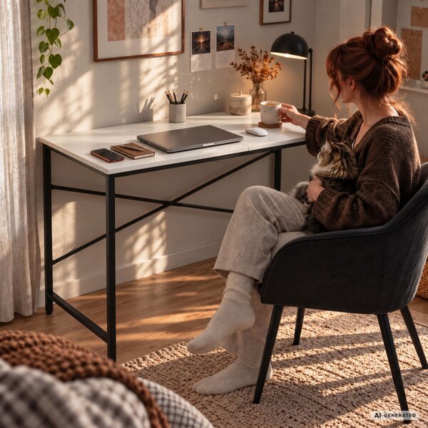 AKORD Furniture Factory Simple Számítógépasztal Fehér Fekete Fémvázzal Ipari Stílusú