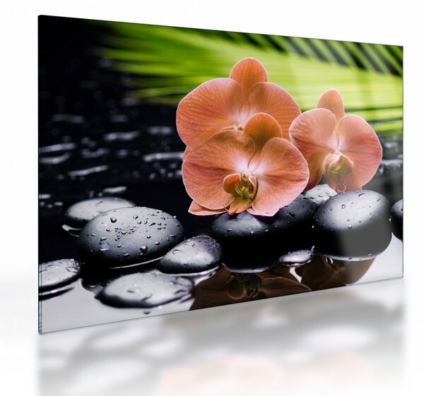 Üveg kép - Narancssárga orchidea pálmalevelekkel (70x50 cm)