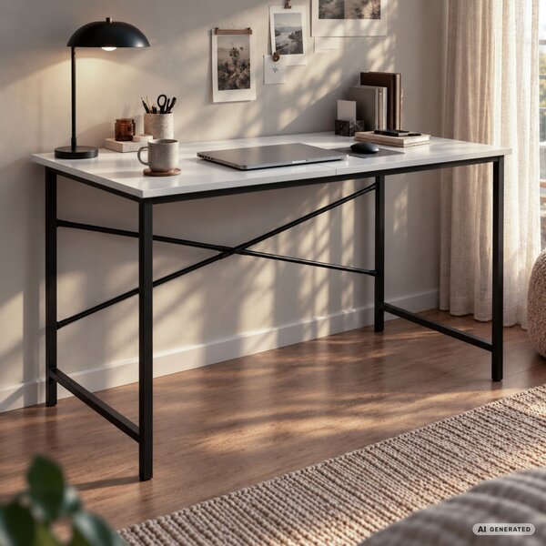 AKORD Furniture Factory Simple Számítógépasztal Fehér Fekete Fémvázzal Ipari Stílusú