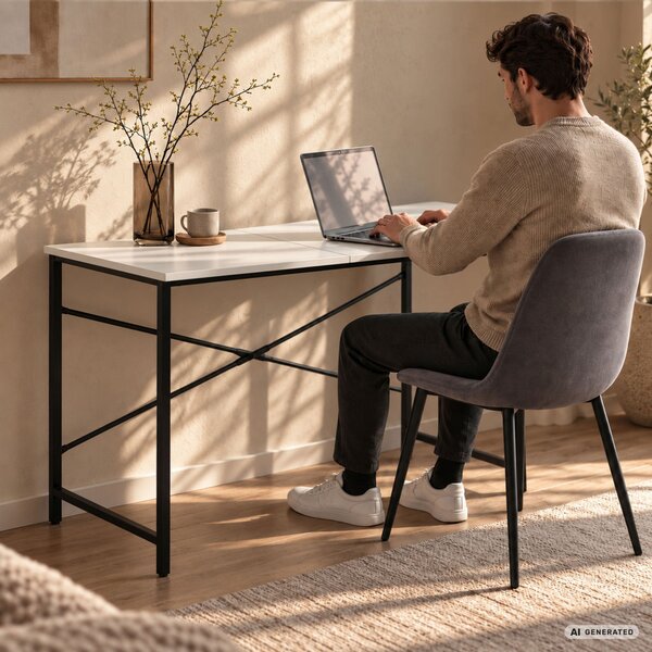 AKORD Furniture Factory Simple Számítógépasztal Fehér Fekete Fémvázzal Ipari Stílusú