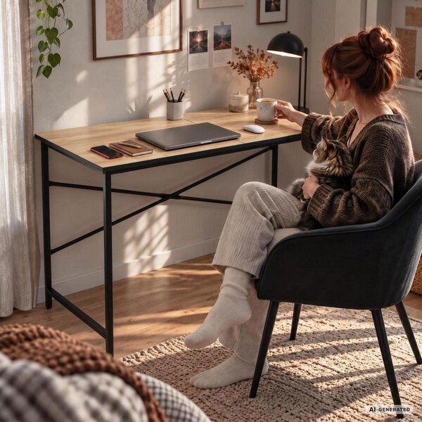 AKORD Furniture Factory Simple Számítógépasztal Forgácslap + MDF Tölgy Craft Fekete Fém Váz Ipari Stílus