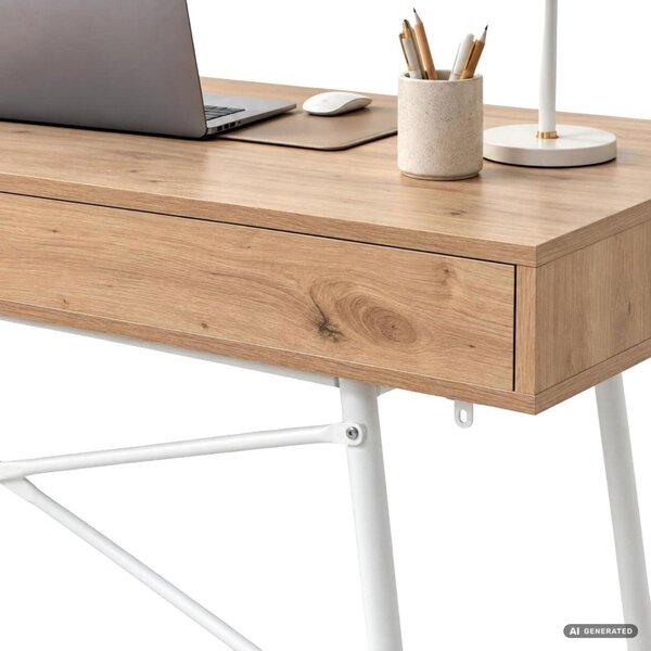 AKORD Furniture Factory Skandia Számítógépasztal Artisan Tölgy Fehér Lábakkal Ipari Stílus 2 Fiókkal