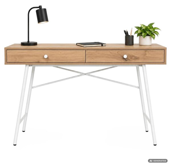 AKORD Furniture Factory Skandia Számítógépasztal Artisan Tölgy Fehér Lábakkal Ipari Stílus 2 Fiókkal