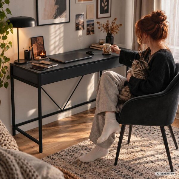 AKORD Furniture Factory Loft Pure Számítógépasztal Fekete 2 Fiókkal Ipari Stílusban