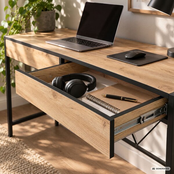 AKORD Furniture Factory Loft Pure Íróasztal Forgácslap Tölgy Craft Fekete Fém Lábak 2 Fiókkal