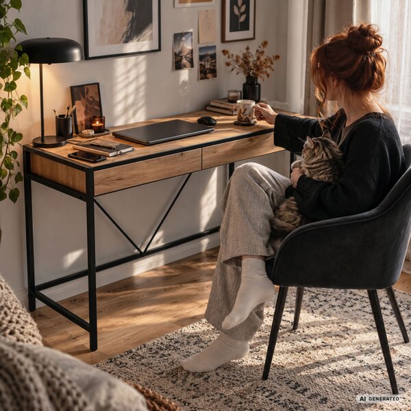 AKORD Furniture Factory Loft Pure Íróasztal Forgácslap Tölgy Craft Fekete Fém Lábak 2 Fiókkal