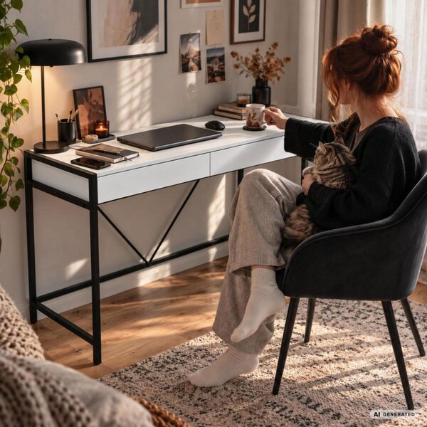 AKORD Furniture Factory Loft Pure Számítógépasztal Fehér Fekete Lábakkal 2 Fiókkal Ipari Stílusban