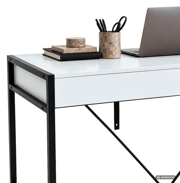 AKORD Furniture Factory Loft Pure Számítógépasztal Fehér Fekete Lábakkal 2 Fiókkal Ipari Stílusban