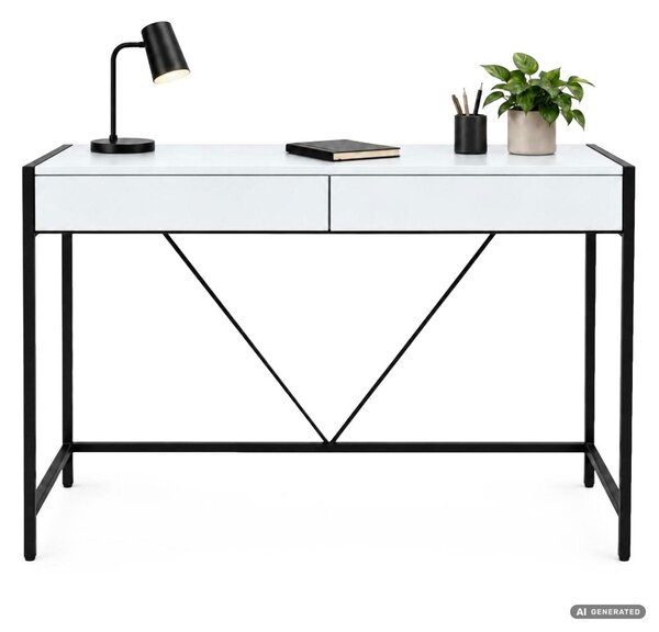 AKORD Furniture Factory Loft Pure Számítógépasztal Fehér Fekete Lábakkal 2 Fiókkal Ipari Stílusban
