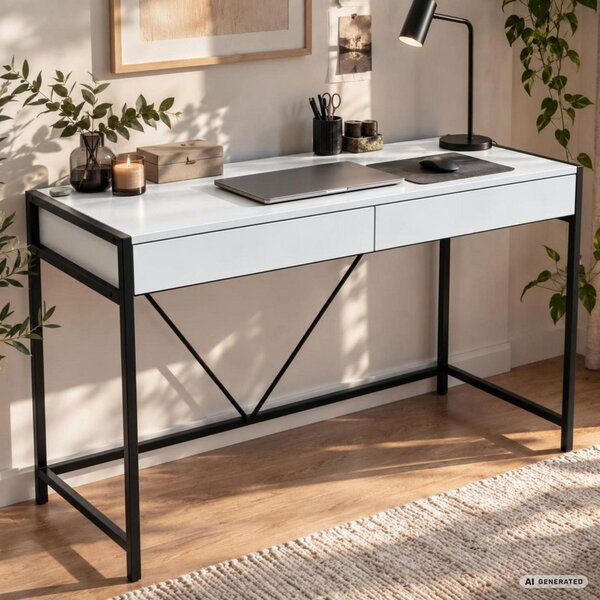 AKORD Furniture Factory Loft Pure Számítógépasztal Fehér Fekete Lábakkal 2 Fiókkal Ipari Stílusban