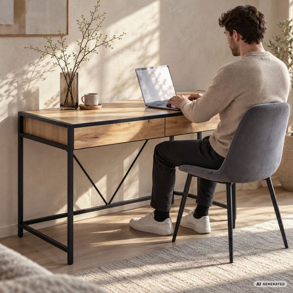 AKORD Furniture Factory Loft Pure Íróasztal Forgácslap Tölgy Craft Fekete Fém Lábak 2 Fiókkal
