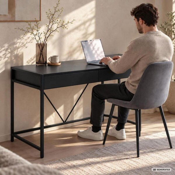 AKORD Furniture Factory Loft Pure Számítógépasztal Fekete 2 Fiókkal Ipari Stílusban