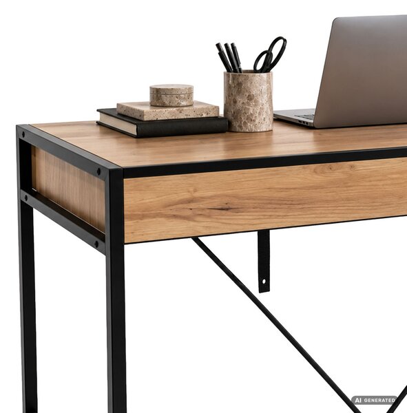 AKORD Furniture Factory Loft Pure Íróasztal Forgácslap Tölgy Craft Fekete Fém Lábak 2 Fiókkal