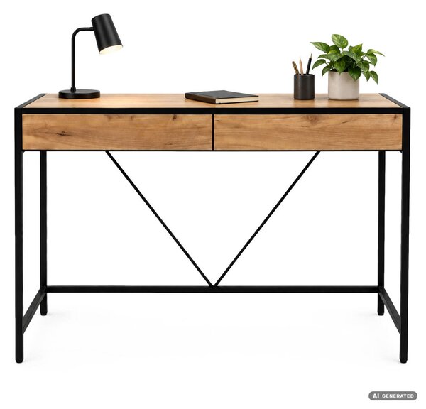 AKORD Furniture Factory Loft Pure Íróasztal Forgácslap Tölgy Craft Fekete Fém Lábak 2 Fiókkal