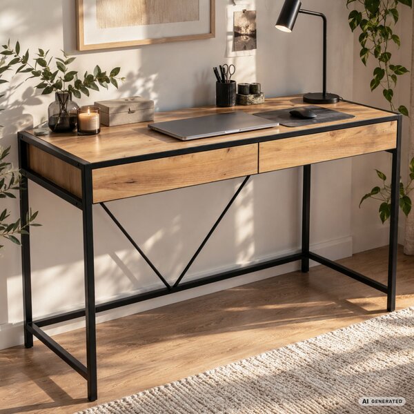 AKORD Furniture Factory Loft Pure Íróasztal Forgácslap Tölgy Craft Fekete Fém Lábak 2 Fiókkal