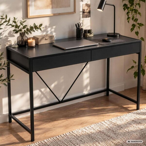 AKORD Furniture Factory Loft Pure Számítógépasztal Fekete 2 Fiókkal Ipari Stílusban