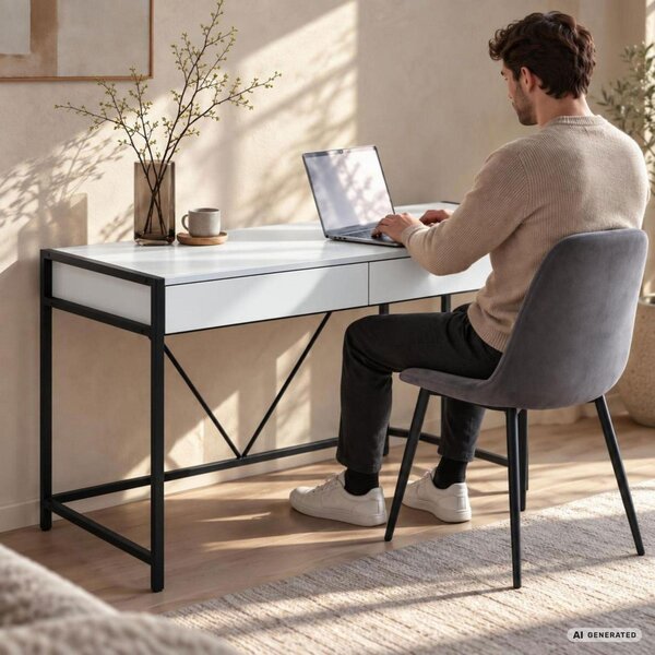 AKORD Furniture Factory Loft Pure Számítógépasztal Fehér Fekete Lábakkal 2 Fiókkal Ipari Stílusban