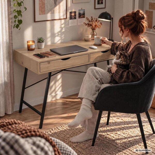 AKORD Furniture Factory RAX Számítógépes Íróasztal Forgácslap Artisan Tölgy Fekete Lábak Ipari Stílus 2 Fiókkal