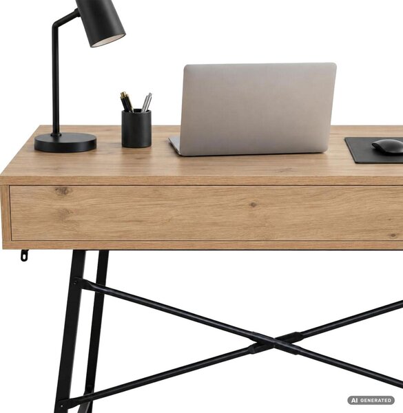 AKORD Furniture Factory RAX Számítógépes Íróasztal Forgácslap Artisan Tölgy Fekete Lábak Ipari Stílus 2 Fiókkal