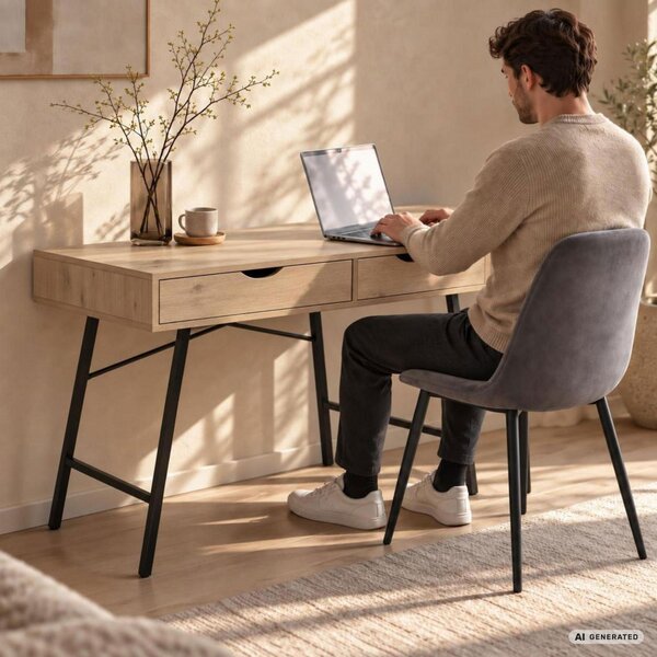 AKORD Furniture Factory RAX Számítógépes Íróasztal Forgácslap Artisan Tölgy Fekete Lábak Ipari Stílus 2 Fiókkal