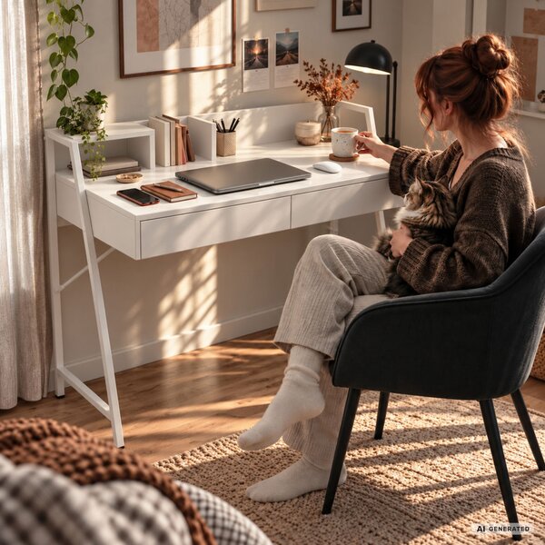 AKORD Furniture Factory ORIX Fehér Számítógépasztal Forgácslap + MDF Fehér Ipari Stílusú 2 Fiókkal