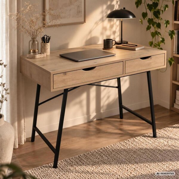 AKORD Furniture Factory RAX Számítógépes Íróasztal Forgácslap Artisan Tölgy Fekete Lábak Ipari Stílus 2 Fiókkal